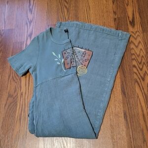 Vintage FENINI 90's Boho Hippie Artsy Teacher Shirt Dress Cotton Linen Teal sz M